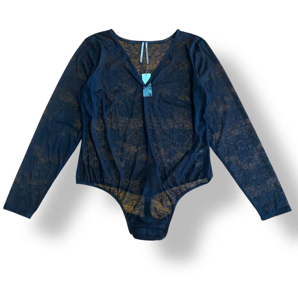 By Anthropologie NWT Black Deep V-Neck Lace Bodysuit Size 1X‎ Boho, Indie